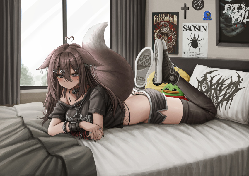 1girl absurdres ahoge animal_ear_fluff ass bed_sheet beetle black_footwear black_nails black_shirt black_shorts black_thighhighs blanket blush bracelet breasts brown_eyes brown_hair bug collar commission cross feet_up fishnets full_body hair_ornament hairclip heart heart_ahoge heart_hair_ornament highres jewelry lobsteranian long_hair looking_at_viewer lying medium_breasts multiple_rings nail_polish off_shoulder on_bed on_stomach original pepe_the_frog pillow poster_(object) ring shirt shoes short_shorts shorts single_bare_shoulder sneakers solo spiked_bracelet spikes tail thighhighs x_hair_ornament