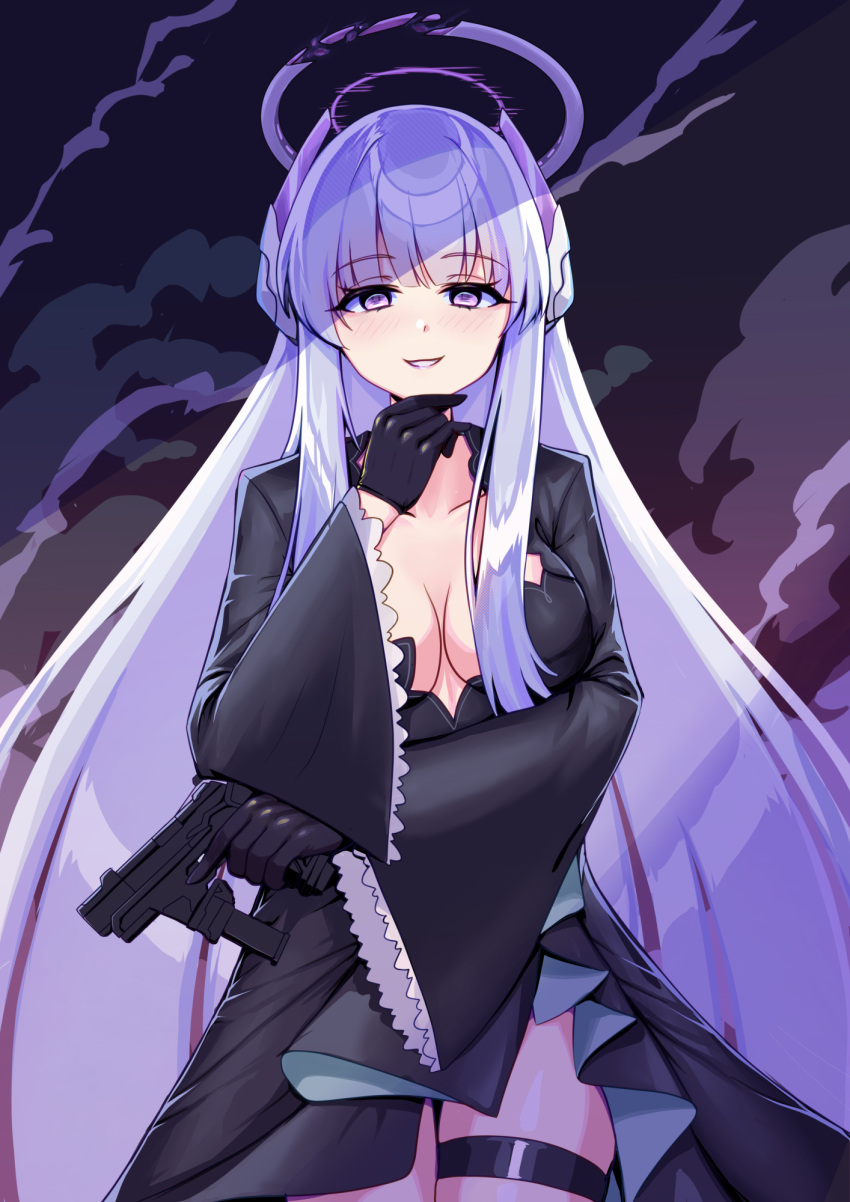 1girl alternate_costume black_dress black_gloves blue_archive blunt_bangs breasts broken_halo cleavage commentary_request cosplay dark_persona dress flareza gloves grey_hair gun halo hand_on_own_chin handgun headgear highres holding holding_gun holding_weapon long_hair long_sleeves looking_at_viewer noa_(blue_archive) parted_lips purple_eyes shiroko_(blue_archive) shiroko_(terror)_(blue_archive) shiroko_(terror)_(blue_archive)_(cosplay) side_slit sidelocks smile smoke solo weapon wide_sleeves