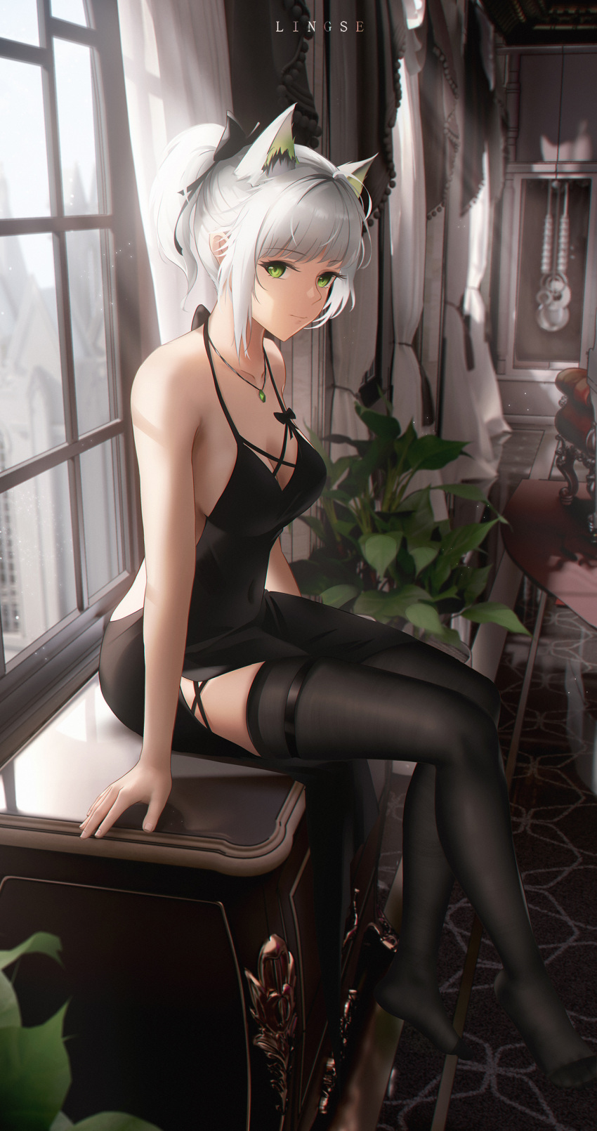 1girl absurdres animal_ears arknights bare_shoulders black_dress black_thighhighs breasts cleavage curtains dress green_eyes highres indoors jewelry kal'tsit_(arknights) ling_dianxia looking_at_viewer necklace paid_reward_available ponytail sitting solo thighhighs white_hair