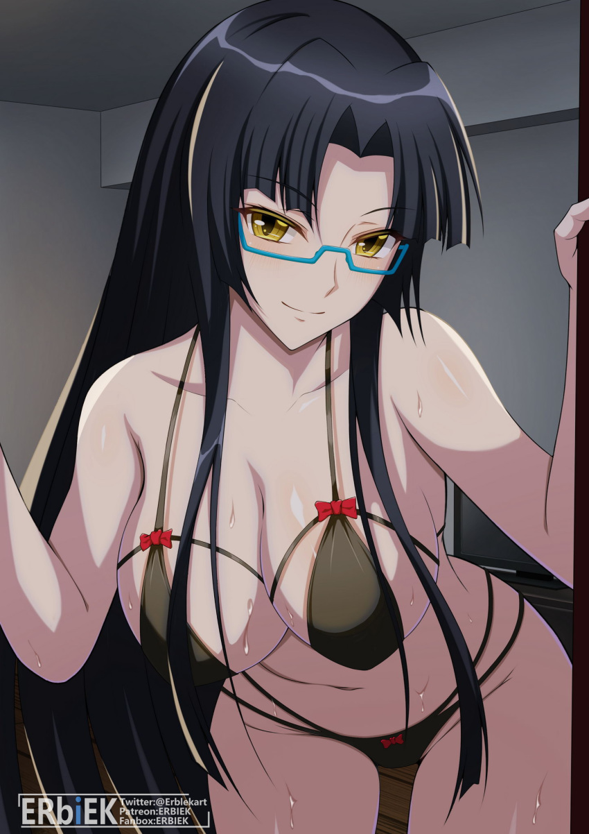 1girl bikini black_bikini black_hair blue-framed_eyewear bow breasts cleavage closed_mouth collarbone commentary english_commentary glasses high_school_dxd highres large_breasts long_hair minaisu paid_reward_available parted_bangs red_bow semi-rimless_eyewear shinra_tsubaki smile solo standing sweat swimsuit under-rim_eyewear yellow_eyes