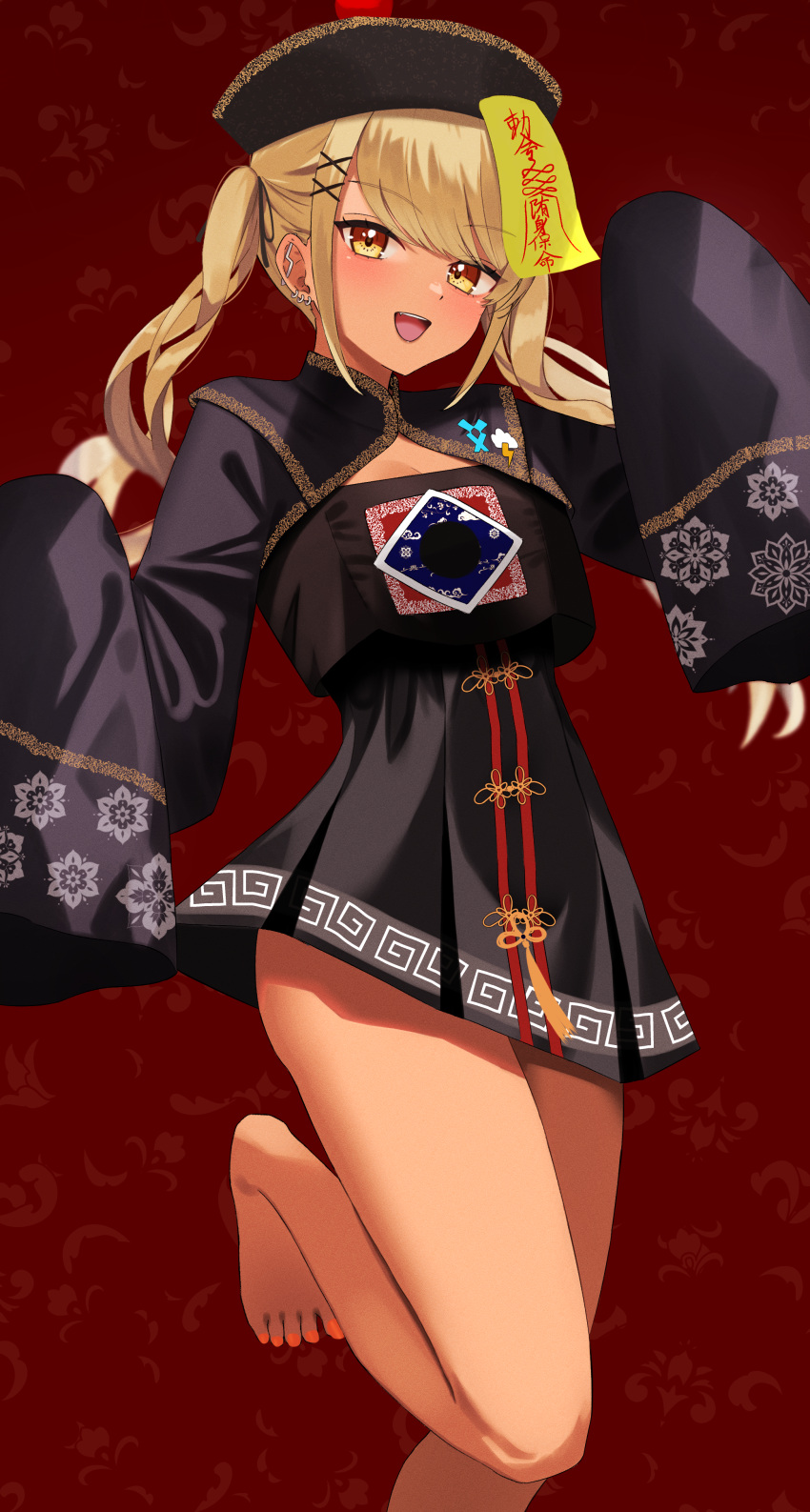 1girl 4kebidayo :d absurdres ass barefoot black_dress black_shirt black_shrug black_skirt blonde_hair breasts chinese_clothes dress ear_piercing earrings floral_print foot_out_of_frame gold_trim hair_ornament halloween hat highres industrial_piercing jewelry jiangshi_costume kaminari_qpi legs lightning_bolt_piercing looking_at_viewer medium_breasts miniskirt nail_polish official_alternate_costume ofuda ofuda_on_head orange_nails piercing pleated_skirt qingdai_guanmao red_background shirt shrug_(clothing) skirt sleeves_past_fingers sleeves_past_wrists smile solo standing standing_on_one_leg swept_bangs thighs toenail_polish toenails toes twintails virtual_youtuber vspo! x_hair_ornament yellow_eyes