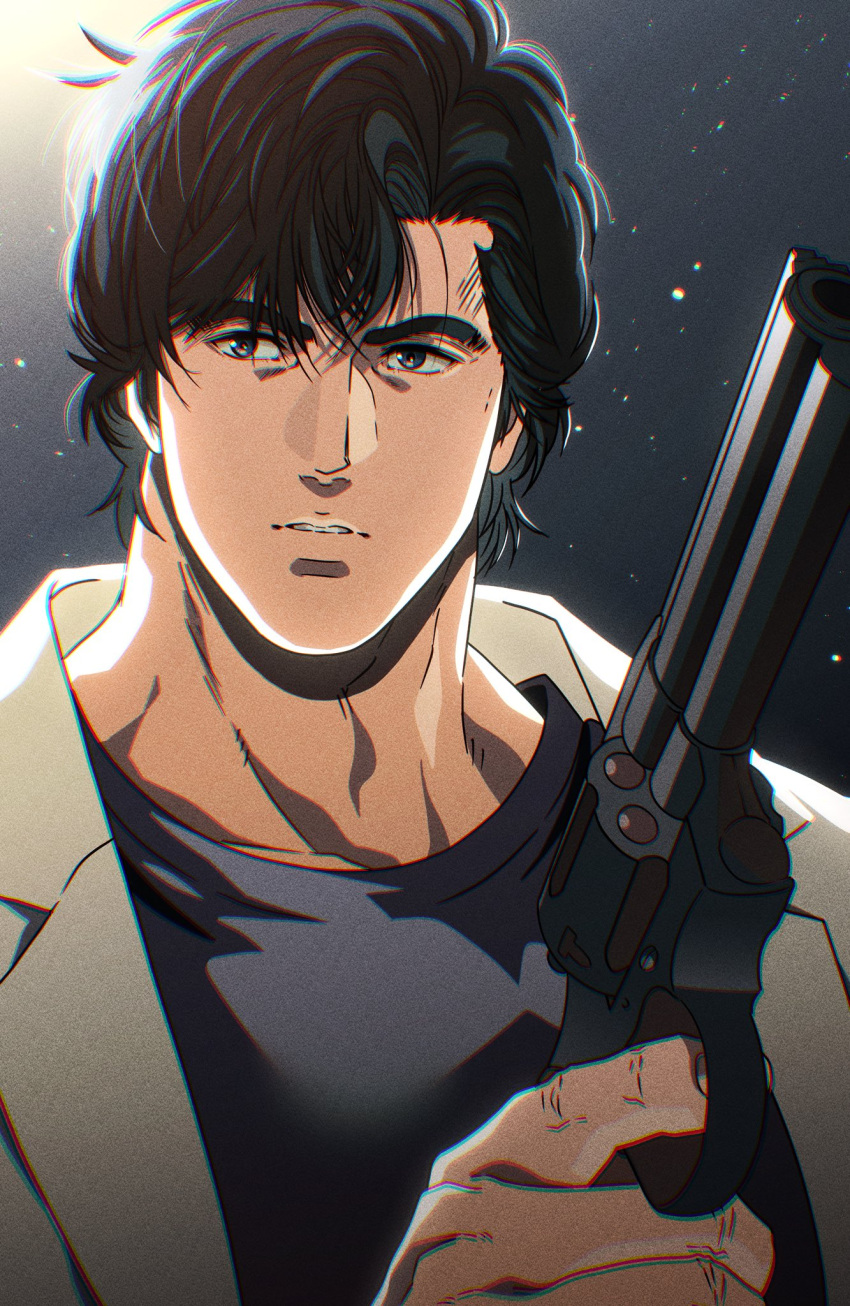 1boy backlighting black_background black_eyes black_hair black_shirt brown_jacket city_hunter collarbone eyebrow_cut finger_on_trigger gun handgun highres holding holding_gun holding_weapon jacket light_particles male_focus parted_lips saeba_ryou shirt short_hair solo upper_body weapon yuu_(masarunomori)