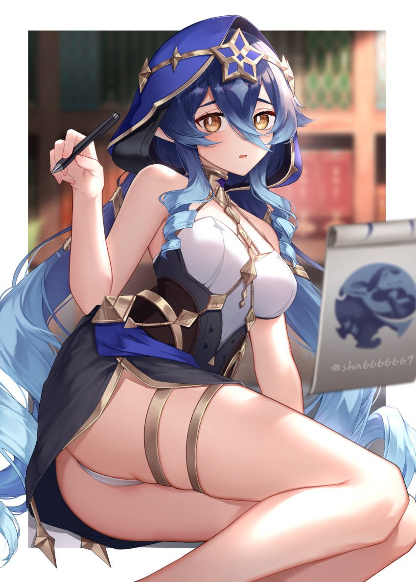 1girl ass bare_shoulders blue_hair blue_hood border breasts drill_hair drill_sidelocks genshin_impact hair_between_eyes highres holding holding_pen hood layla_(genshin_impact) long_hair looking_at_viewer panties parted_lips pen pointy_ears shrimp_cake sidelocks small_breasts solo underwear very_long_hair white_border yellow_eyes