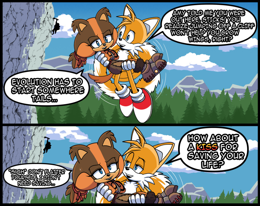 anthro badger blue_archer_(artist) bodily_fluids canid canine cliff clothing cloud colored comic duo female fox hi_res male male/female mammal miles_prower mustelid musteline plant redesign sega sky sonic_boom sonic_the_hedgehog_(series) sticks_the_jungle_badger sweat tree