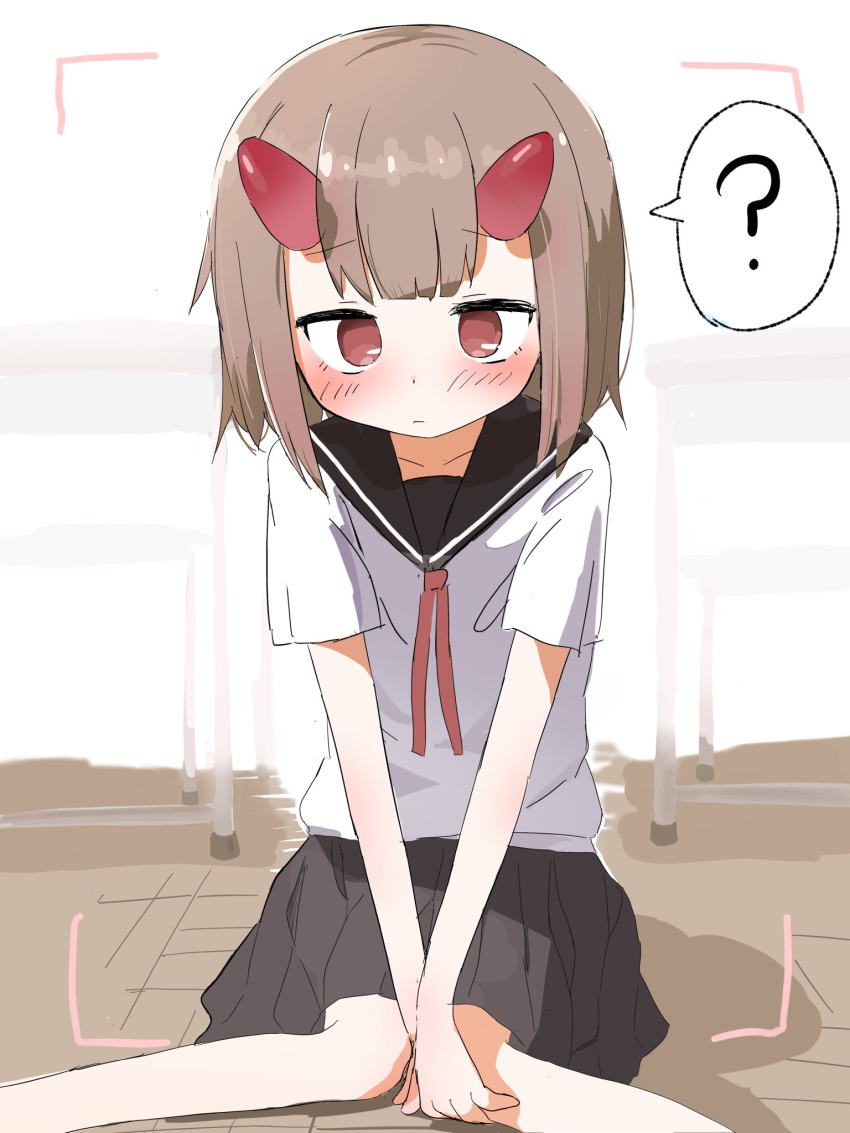 1girl ? black_sailor_collar black_skirt blush brown_hair classroom closed_mouth collarbone commentary_request commission feet_out_of_frame highres horns indoors looking_at_viewer miniskirt murakawa_reo_(null-meta) neckerchief null-meta on_floor pleated_skirt red_eyes red_horns red_neckerchief sailor_collar sailor_shirt saku_p school_uniform serafuku shirt short_hair short_sleeves sitting skeb_commission skirt solo speech_bubble spoken_question_mark variant_set wariza white_shirt