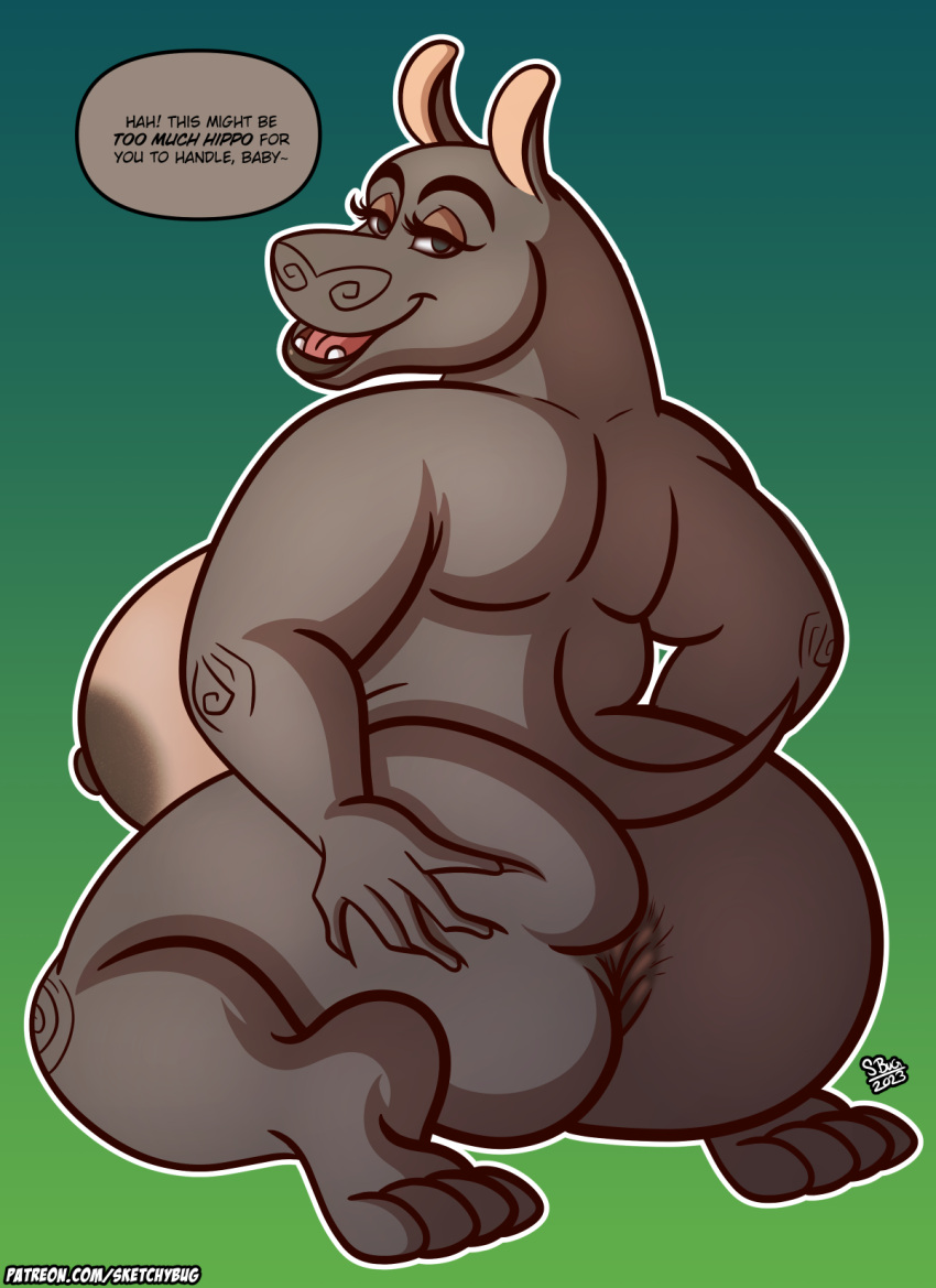 2023 anthro anus big_breasts big_butt breasts butt chubby_anthro chubby_female common_hippopotamus dialogue dreamworks ears_up female gloria_the_hippopotamus half-closed_eyes hand_on_butt hi_res hippopotamid kneeling looking_at_viewer madagascar_(series) mammal narrowed_eyes nude open_mouth raised_tail rear_view side_boob signature sitting sketchybug slightly_chubby smile smiling_at_viewer solo speech_bubble spread_butt spreading tail talking_to_viewer teeth text
