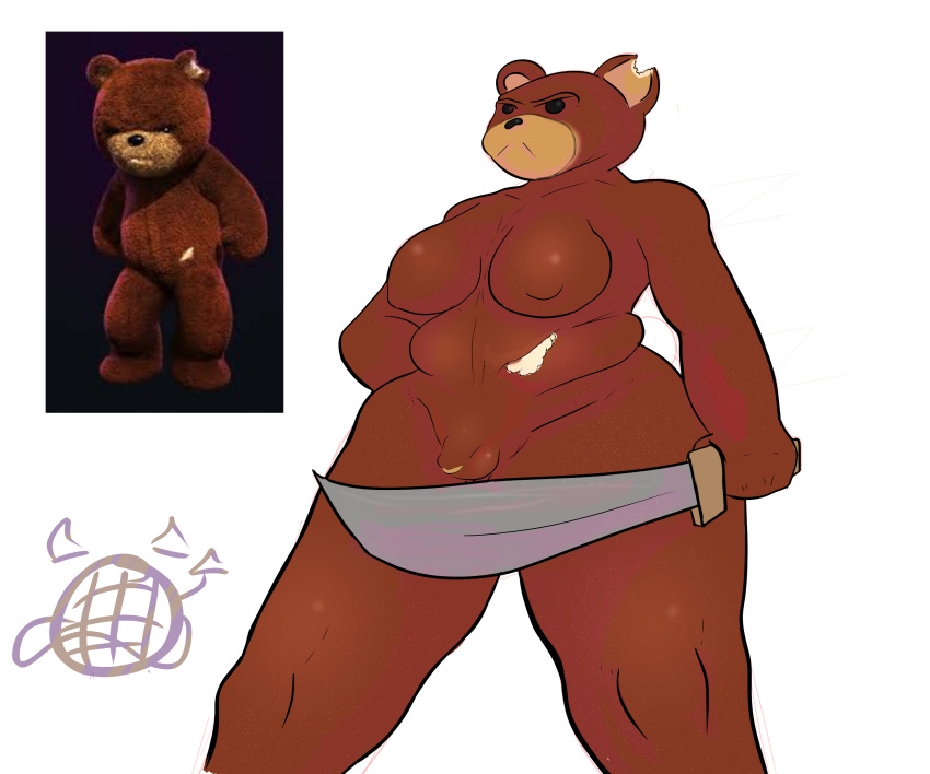 absurd_res angry anthro bear big_breasts breasts chubby_gynomorph crossgender discodemon flaccid genitals gynomorph hand_on_hip hi_res holding_object holding_sword holding_weapon intersex living_toy mammal melee_weapon mtg_crossgender mti_crossgender naughty_bear notched_ear nude overweight overweight_gynomorph overweight_intersex penis reference_image small_penis solo standing stuffing sword teddy_bear_(species) toy weapon