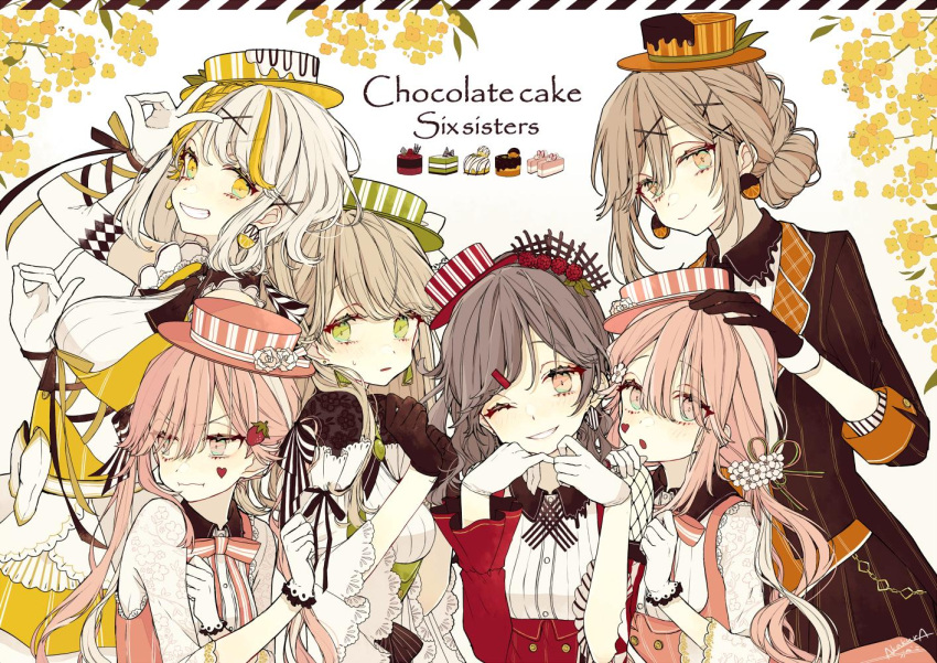 6+girls akakura annoyed artist_name black_gloves brown_hair cake chestnut_mouth chocolate_cake chokokeki_6_shimai closed_mouth earrings elbow_gloves english_text flower food food-themed_clothes food-themed_earrings gloves green_eyes green_headwear heart jewelry lace lace_gloves light_brown_hair looking_at_viewer multicolored_hair multiple_girls one_eye_closed open_mouth orange_eyes orange_headwear pink_eyes pink_hair pink_headwear red_eyes red_headwear siblings sisters smile sweat v white_gloves white_hair yellow_eyes yellow_flower yellow_headwear