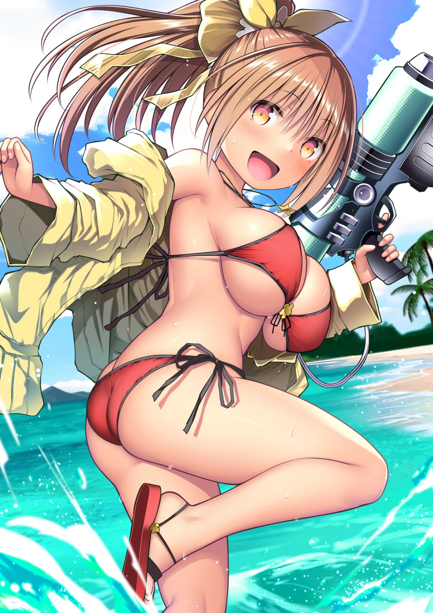 1girl :d absurdres ass beach bikini blue_sky blush breasts brown_eyes brown_hair cloud commentary_request day hair_ribbon highres holding holding_water_gun jacket kuromayu large_breasts long_hair looking_at_viewer open_mouth original outdoors ponytail red_bikini ribbon sandals side-tie_bikini_bottom sideboob sky smile solo standing swimsuit thighs twisted_torso water_gun yellow_jacket