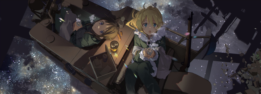 2girls black_hair blonde_hair blue_eyes bolt_action can chito_(shoujo_shuumatsu_ryokou) cup from_above fur_trim green_jacket green_pants gun headwear_removed helmet helmet_removed highres holding holding_cup jacket kettenkrad lantern long_hair long_sleeves looking_up multiple_girls open_mouth pants parted_lips reflection rifle seu_kaname shoujo_shuumatsu_ryokou sitting star_(sky) weapon