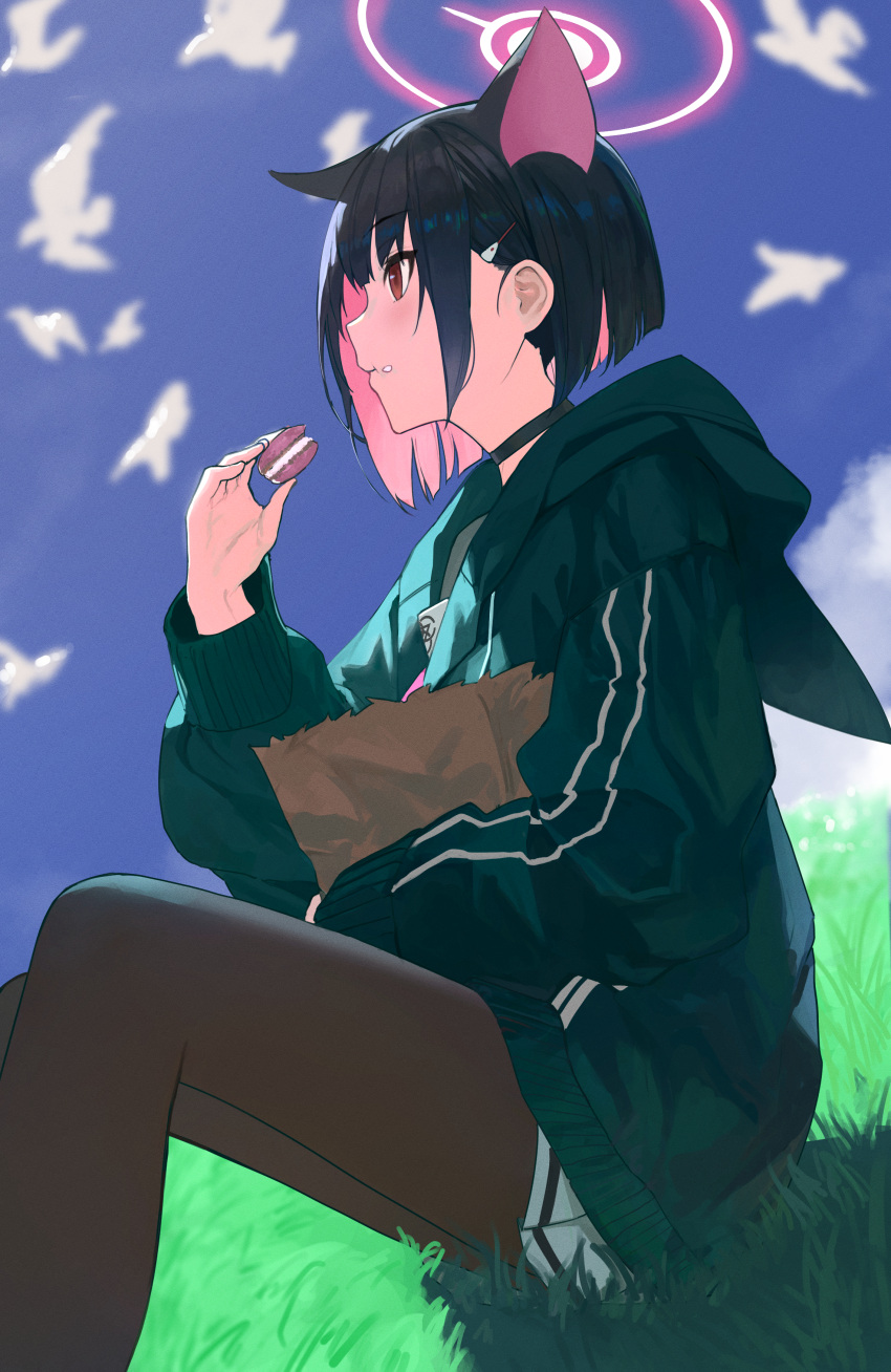 024th 1girl absurdres bag black_choker black_hair blue_archive brown_pantyhose choker colored_inner_hair day eating extra_ears food food_on_face from_side grass hair_behind_ear halo highres holding holding_food kazusa_(blue_archive) long_sleeves multicolored_hair outdoors pantyhose paper_bag pink_hair red_eyes short_hair sitting solo