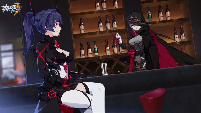 2girls alcohol artist_request bar_(place) black_jacket bottle breasts chair claws cleavage closed_mouth cocktail_shaker crossed_legs cup drink glass gloves grey_hair hair_between_eyes hair_over_one_eye highres honkai_(series) honkai_impact_3rd hood indoors jacket long_sleeves looking_at_another mole mole_under_mouth multiple_girls official_art official_wallpaper open_mouth purple_eyes purple_hair raiden_mei raiden_mei_(danzai_spectramancer) raven_(honkai_impact) red_eyes red_gloves sitting smile table thighhighs wine wine_bottle