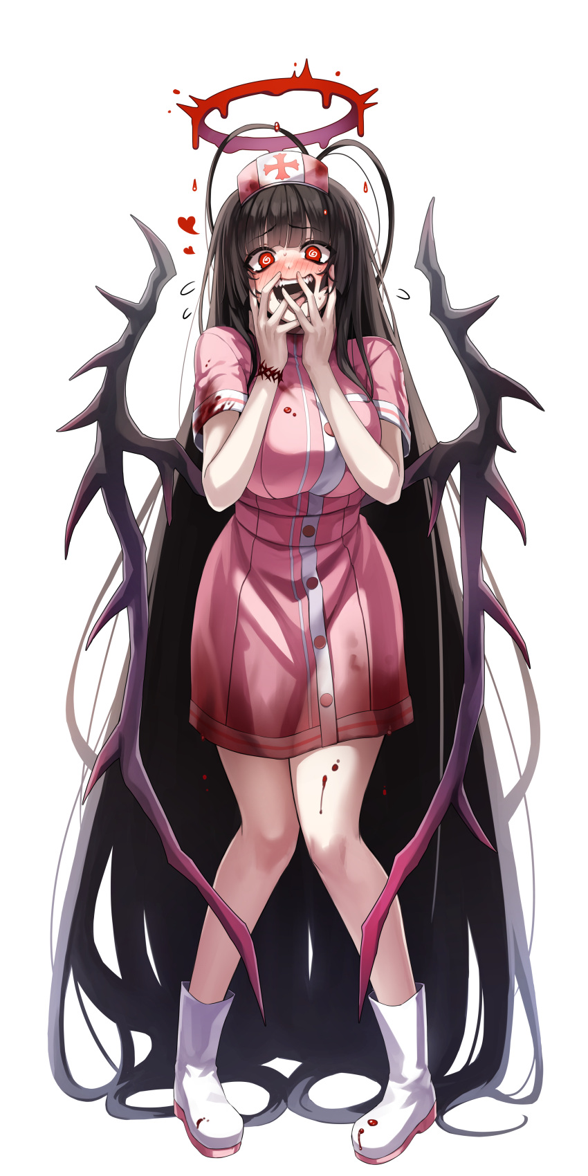 1girl :p @_@ absurdly_long_hair absurdres alternate_costume bare_legs black_wings blood blood_halo blood_on_clothes blood_on_leg blood_stain blue_archive blush boots breasts covering_mouth crazy_eyes crazy_smile dress halo hands_up happy hat heart highres hip_focus knees_together_feet_apart large_breasts ldl_(bcw1025) legs long_hair looking_at_viewer melting_halo messy_hair nurse nurse_cap pink_dress solo standing tongue tongue_out tsurugi_(blue_archive) very_long_hair wings