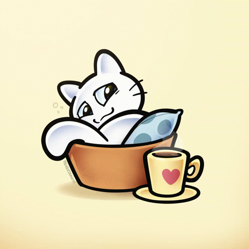 animated beverage cat_bed coffee coffee_mug comfortable container creu creu_cat cup digital_media_(artwork) domestic_cat felid feline felis feral fur furniture happy hi_res male mammal no_sound pet_bed priveranimation rear_view simple_background smile solo tail tired white_body white_fur