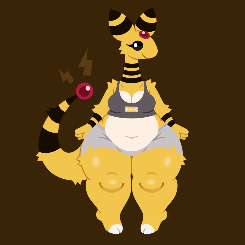 ampharos anthro bottomwear breasts clothing female forehead_gem fur generation_2_pokemon hi_res hotpants markings naycelium nintendo overweight overweight_female pokemon pokemon_(species) shorts solo striped_body striped_fur striped_markings striped_tail stripes tail tail_markings thick_thighs tuft wide_hips yellow_body yellow_fur