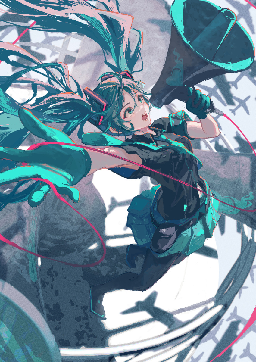 1girl absurdres belt_pouch black_pantyhose black_shirt breasts commentary floating_hair full_body gloves green_eyes green_gloves green_hair green_necktie green_skirt hatsune_miku highres holding holding_megaphone jumping koi_wa_sensou_(vocaloid) kurohanesawa long_hair looking_to_the_side medium_breasts megaphone necktie open_mouth outstretched_arm pantyhose pleated_skirt pouch shirt short_sleeves skirt solo teeth tongue twintails very_long_hair vocaloid