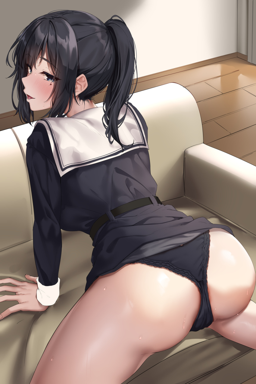 1girl all_fours arm_support ass belt black_belt black_hair black_panties black_serafuku black_skirt blue_eyes blush clothes_lift commentary_request couch eyelashes highres indoors jack_dempa long_hair long_sleeves looking_at_viewer looking_back miyamae_shiho_(jack_dempa) mole mole_under_eye naughty_face on_couch open_mouth original paid_reward_available panties ponytail sailor_collar school_uniform serafuku sidelocks skirt skirt_lift solo sweat sweatdrop thighs tongue tongue_out underwear white_sailor_collar wooden_floor