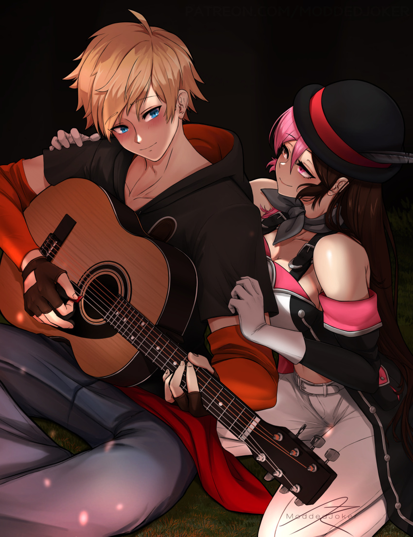 blonde_hair bowler_hat fingerless_gloves gloves guitar hand_on_another's_shoulder hat heterochromia highres holding holding_plectrum hood hooded_jacket instrument jacket jaune_arc moddedjoker multicolored_hair neo_politan plectrum rwby split-color_hair