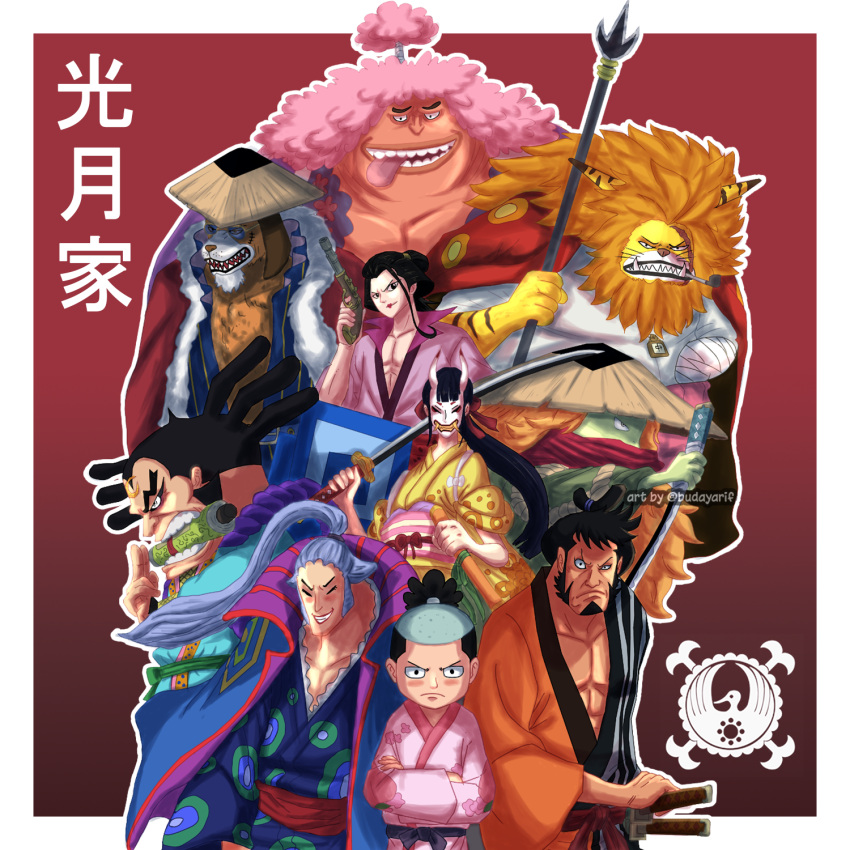 aqua_hair artist_name ashura_doji black_hair budayarif closed_mouth crossed_arms denjirou_(one_piece) furry high_ponytail highres inuarashi_(one_piece) izou_(one_piece) japanese_clothes kawamatsu kikunojo_(one_piece) kinemon lipstick long_hair looking_at_viewer makeup mask momonosuke_(one_piece) nekomamushi one_piece open_mouth orange_hair pink_hair raizo_(one_piece) smile tongue tongue_out