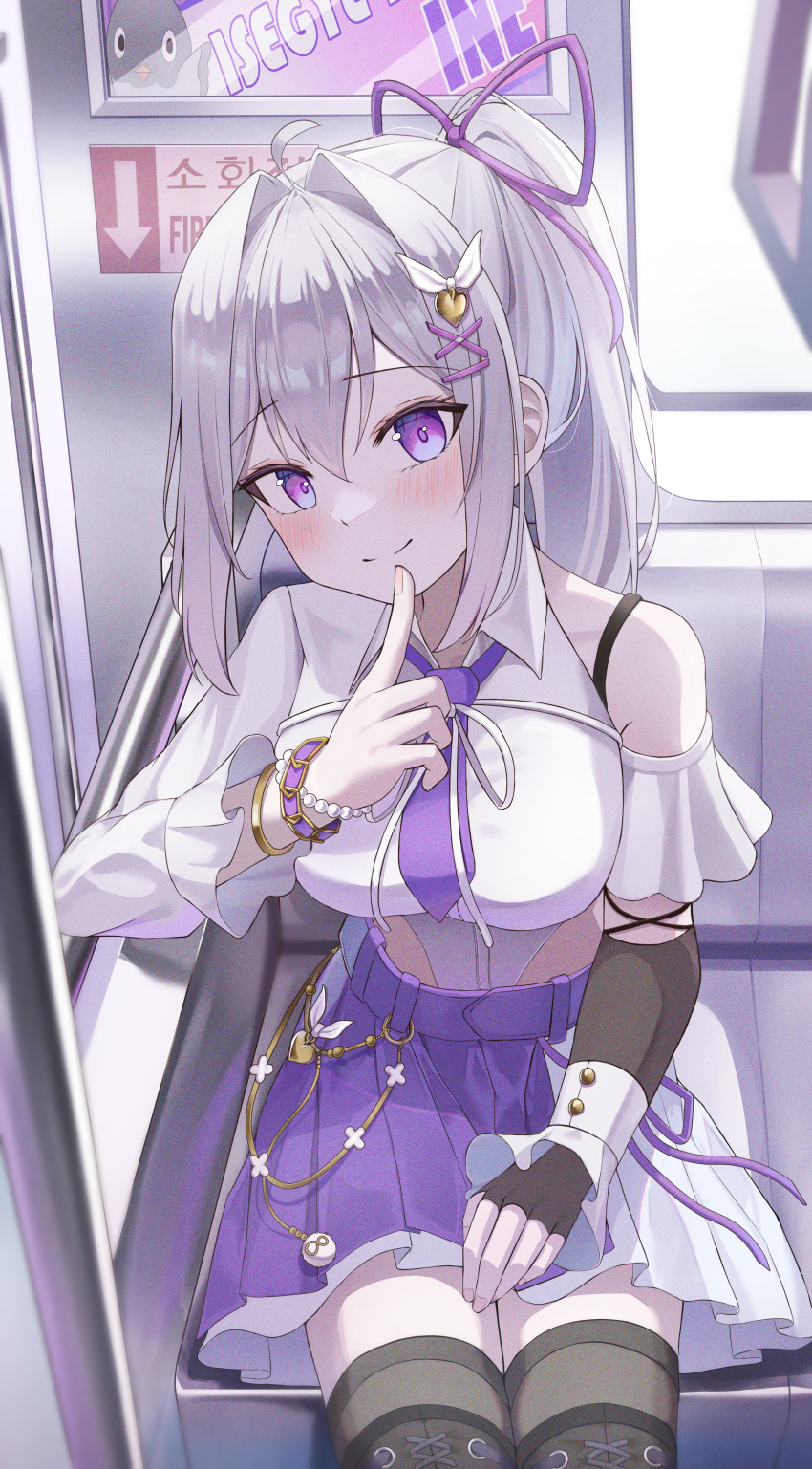 1girl absurdres arch_a4 asymmetrical_clothes black_thighhighs blush breasts character_name copyright_name cropped_shirt finger_to_mouth hair_intakes hair_ribbon highres index_finger_raised ine_(vtuber) large_breasts long_hair looking_at_viewer miniskirt necktie off-shoulder_shirt off_shoulder petticoat pleated_skirt ponytail purple_eyes purple_necktie purple_ribbon purple_skirt ribbon shirt shushing sidelocks single_bare_shoulder sitting skirt smile solo thighhighs train_interior virtual_youtuber waktaverse white_hair zettai_ryouiki