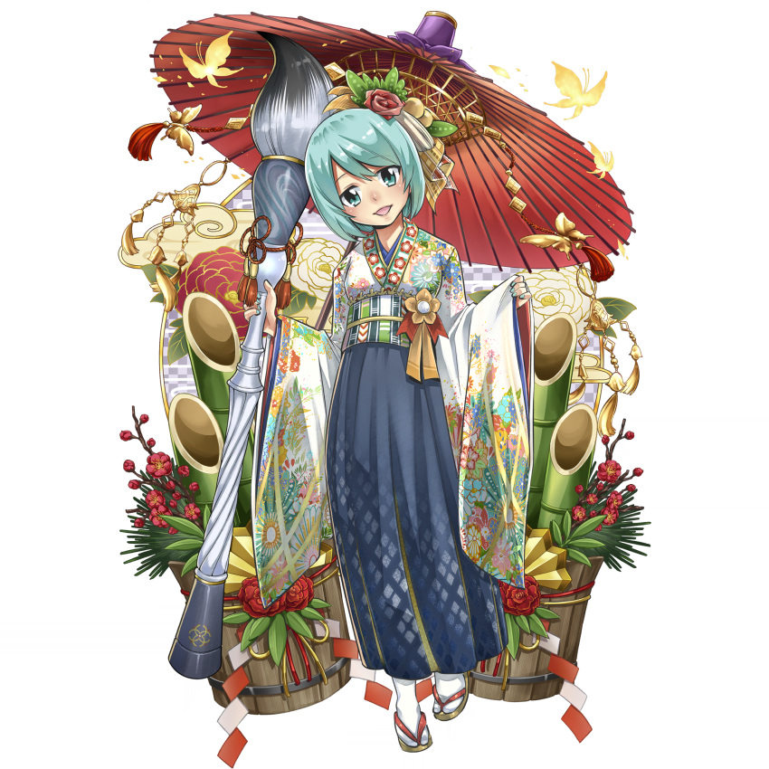 1girl aqua_eyes aqua_hair bamboo blue_skirt bug butterfly flower full_body gate_of_nightmares giant_brush hair_flower hair_ornament highres holding holding_paintbrush japanese_clothes looking_at_viewer mashima_hiro meruru_(gate_of_nightmares) official_alternate_costume official_art oil-paper_umbrella open_mouth paintbrush red_flower red_rose rose sandals short_hair skirt socks solo transparent_background umbrella white_socks yellow_butterfly