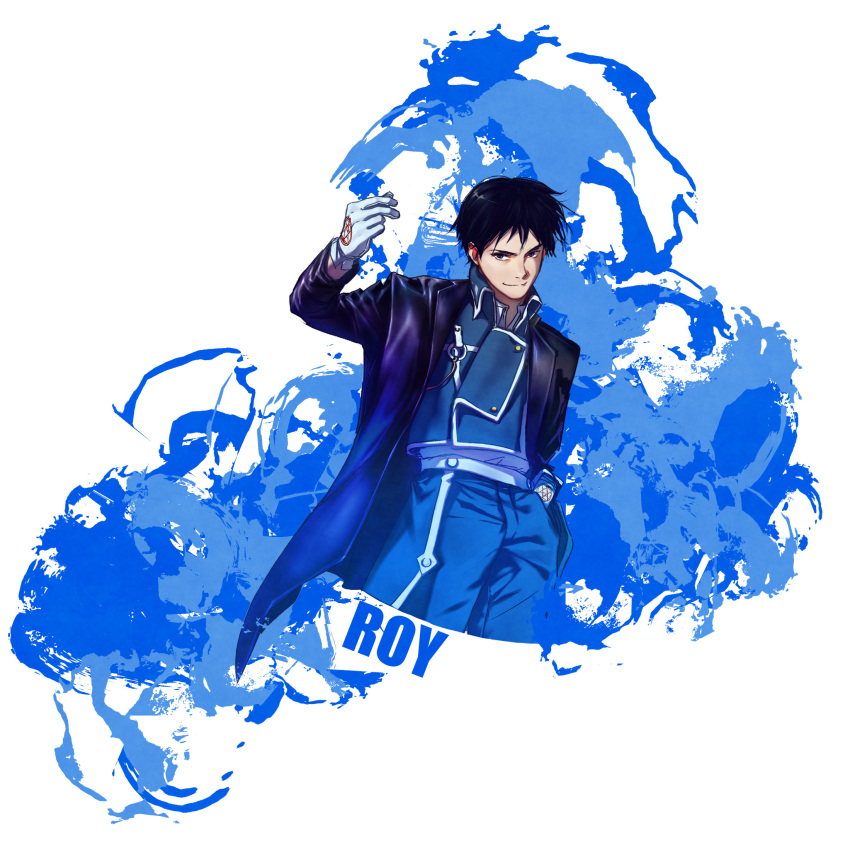 1boy aiguillette amestris_military_uniform arm_at_side black_coat black_eyes black_hair blue_background blue_jacket blue_pants blue_theme buttons character_name coat collared_jacket collared_shirt contrapposto cowboy_shot double-breasted fullmetal_alchemist gloves grin hair_strand hand_in_pocket hand_up highres jacket littleskrib looking_at_viewer male_focus military military_jacket military_uniform pants roy_mustang shirt shirt_tucked_in silver_trim simple_background smile snapping_fingers splatter_background swept_bangs tsurime two-tone_background uniform white_background white_gloves white_shirt