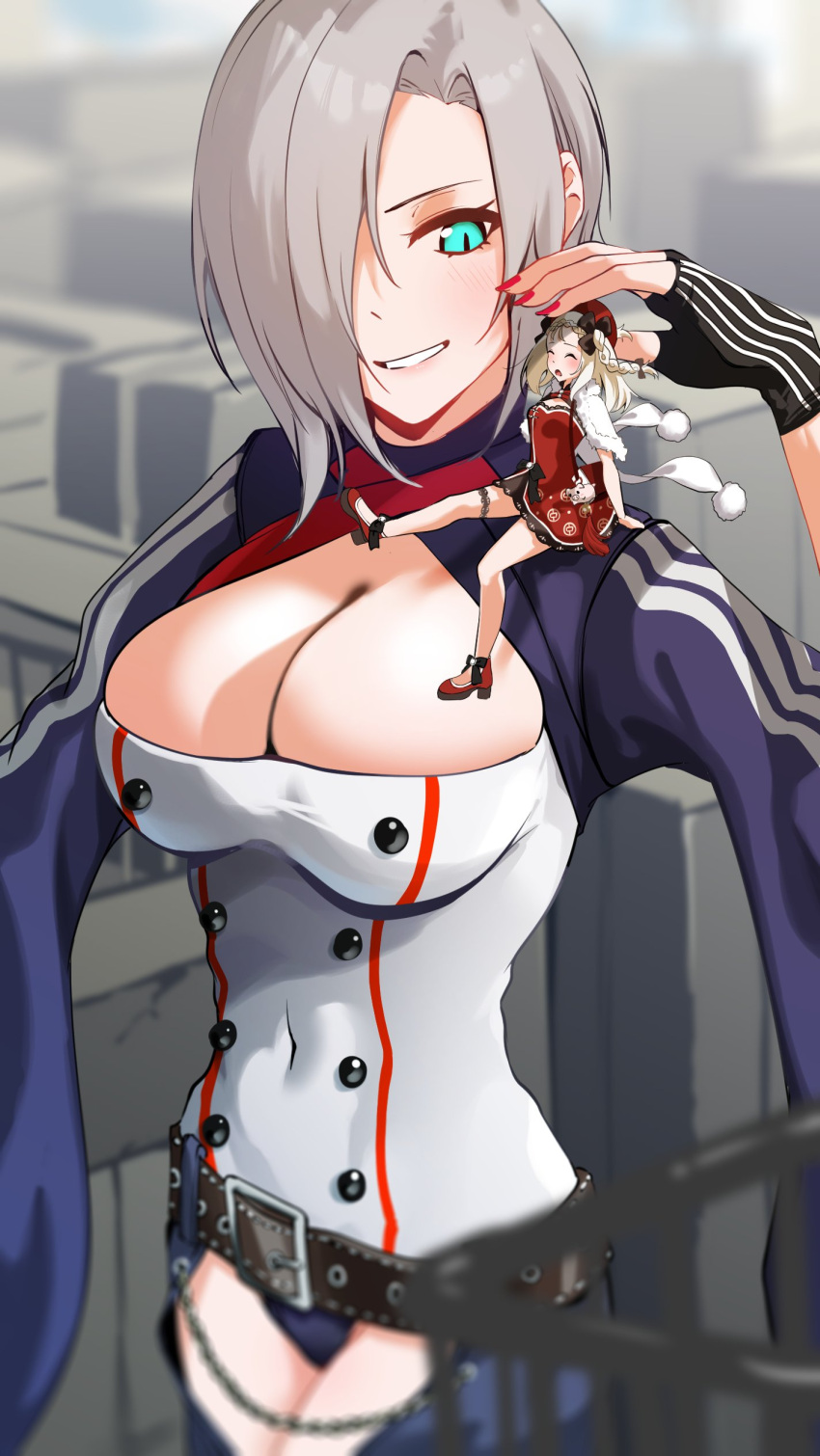 2girls absurdres black_gloves blue_eyes breasts city cleavage closed_eyes commission dress ert_raitsui fingerless_gloves giant giantess girls'_frontline gloves grey_hair hair_over_one_eye hat highres large_breasts long_hair mg5_(girls'_frontline) mp5_(girls'_frontline) mp5_(vietnamese_balm)_(girls'_frontline) multiple_girls official_alternate_costume open_mouth outdoors red_dress red_headwear second-party_source short_hair size_difference skeb_commission smile