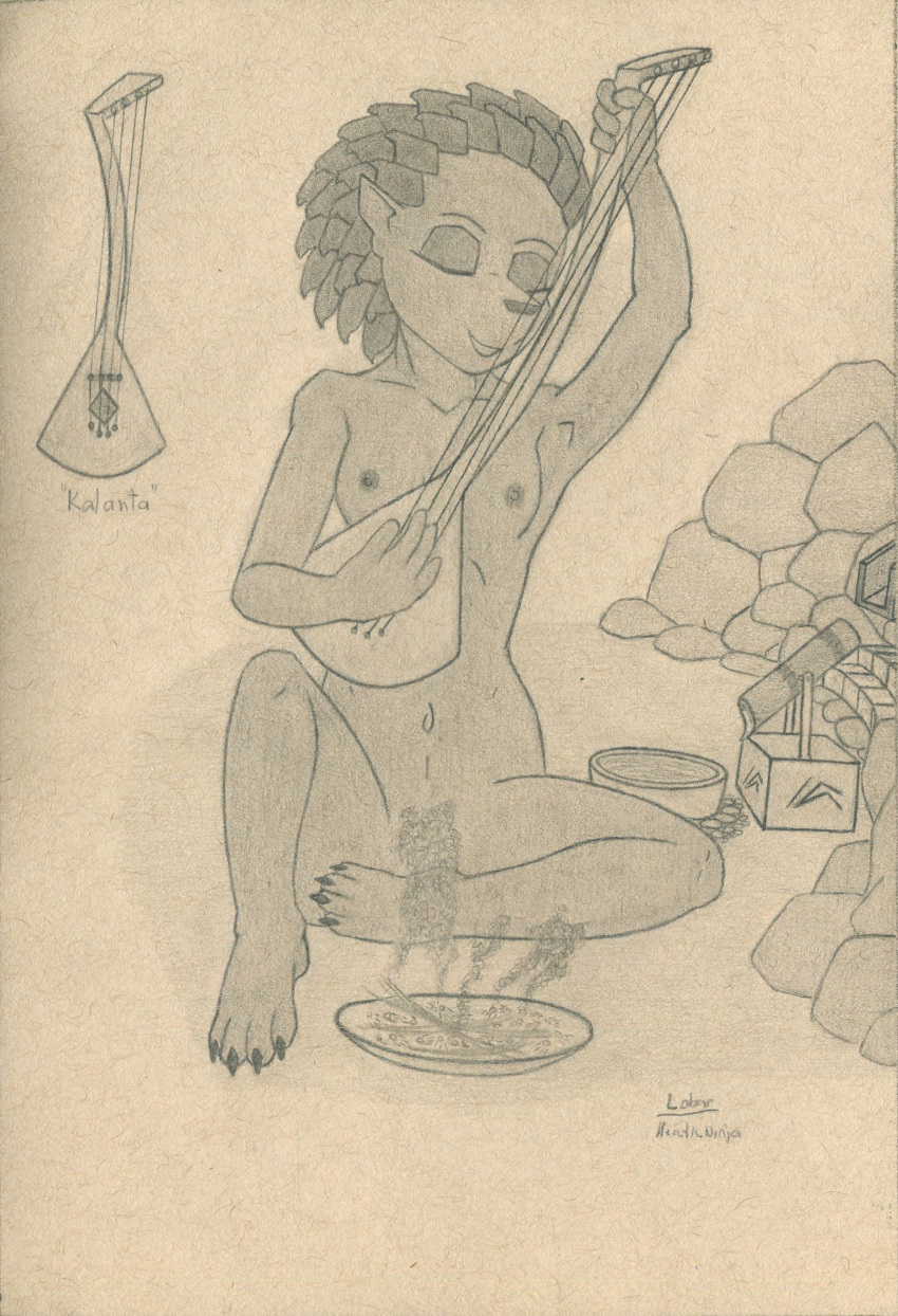 anthro areola breasts convenient_censorship echidna eyes_closed female graphite_(artwork) hi_res holding_object incense lobar mae_pai mammal monochrome monotreme musical_instrument nipples nude pencil_(artwork) playing_music plucked_string_instrument quills simple_background sitting small_breasts solo string_instrument traditional_media_(artwork)