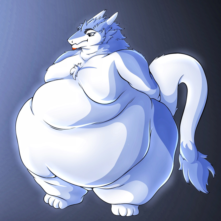 anthro belly big_belly blue_body blue_fur facial_hair fur hi_res huge_belly male moobs obese obese_anthro overweight overweight_anthro pichurria sergal solo white_body white_fur wide_hips