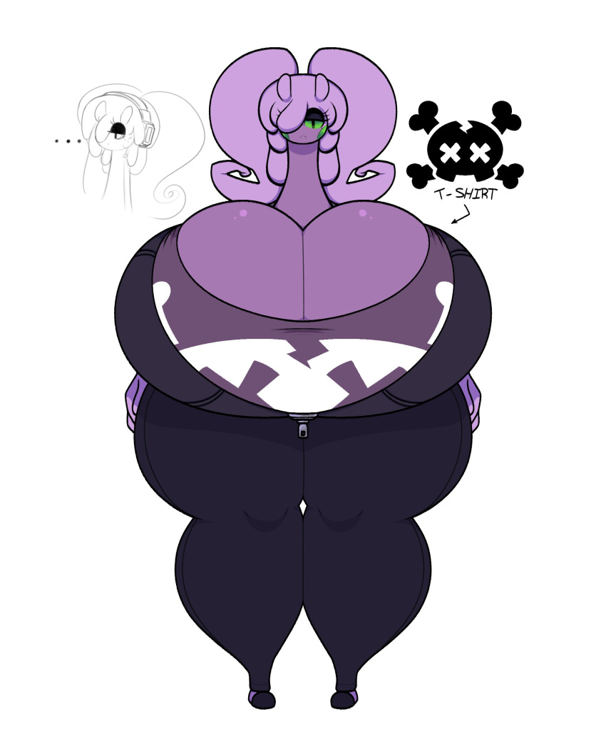 anthro big_breasts bottomwear breasts cleavage clothed clothing dewy-eyedboy directional_arrow ellipsis female frown generation_6_pokemon goodra green_eyes hair hi_res huge_breasts huge_thighs hyper hyper_breasts hyper_thighs narrowed_eyes nintendo one_eye_obstructed pants pokemon pokemon_(species) purple_body purple_hair shirt simple_background skull_and_crossbones solo standing text thick_thighs topwear