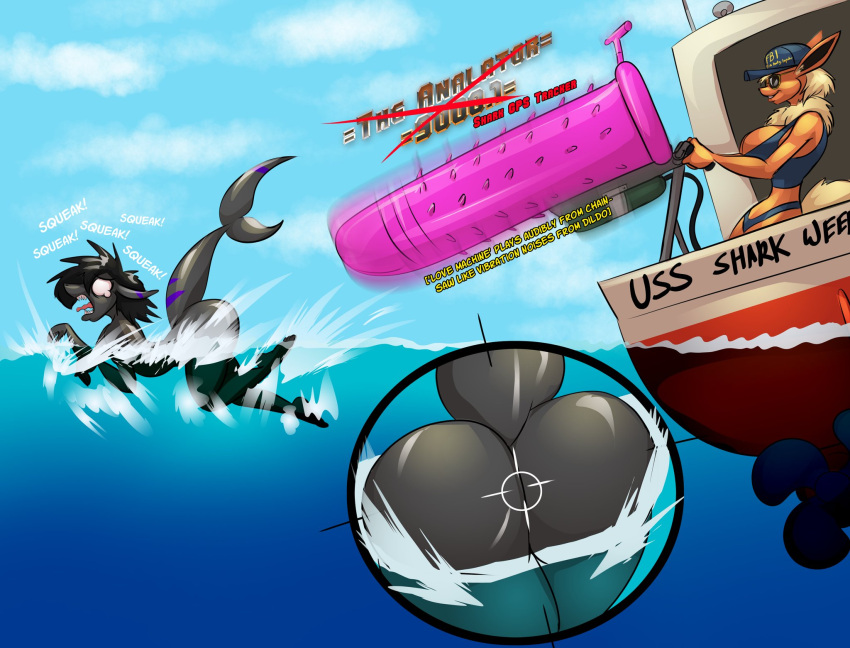 anthro big_dildo boat boris_(bshark06) breasts butt butt_focus cloud day dildo dildo_vibrator duo eeveelution english_text eyewear female fish flareon flarita generation_1_pokemon grey_body grey_butt hi_res huge_dildo imminent_anal male marine motion_blur nintendo open_mouth orange_body outside pink_dildo pokemon pokemon_(species) pullcord sea sex_toy shark sharp_teeth sky sunglasses swimming teeth text thebigbadwolf01 tongue vehicle vibrator water watercraft