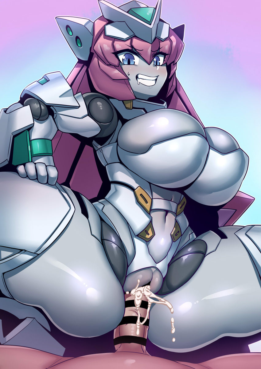 1boy 1girl absurdres android blue_eyes bondage_outfit boots breasts colored_skin cum cum_in_pussy dominatrix girl_on_top grey_skin headgear highres huge_breasts joints long_hair mecha_musume metal_skin navel penis pink_hair pussy revealing_clothes robot robot_joints robot_neoanthropinae_polynian roza_(polynian) sex shiny_skin skindentation solo_focus spread_legs teeth thigh_boots tukiwani