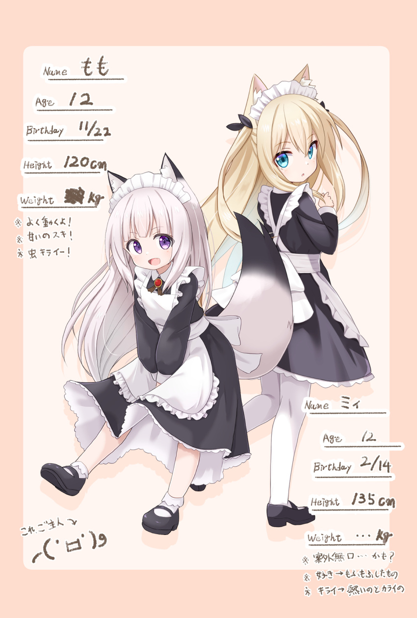 2girls :d animal_ears apron between_legs black_dress black_footwear blonde_hair blue_eyes blush bobby_socks brooch brown_background cat_ears cat_girl cat_tail character_profile collared_dress commentary dress fang fox_ears fox_girl fox_tail frilled_apron frills full_body grey_hair hand_between_legs highres jewelry long_hair long_sleeves looking_at_viewer maid maid_apron maid_headdress mary_janes mii_(mogura2009) mogura2009 momo_(mogura2009) multiple_girls original partially_translated puffy_long_sleeves puffy_sleeves purple_eyes reference_sheet shoes smile socks tail translation_request two-tone_background very_long_hair white_socks