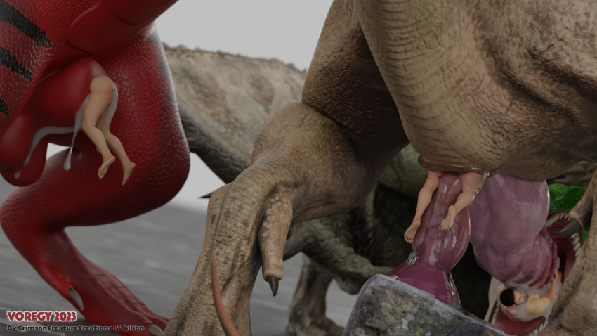 anal anal_vore animal_genitalia bodily_fluids crimson crimsoncreaturecreations cum dildo dinosaur dragon drake_(disambiguation) genital_fluids genitals group hi_res human interceptor male mammal penis reptile scalie sex_toy sheath tallion theropod trio tyrannosaurid tyrannosaurus tyrannosaurus_rex vore