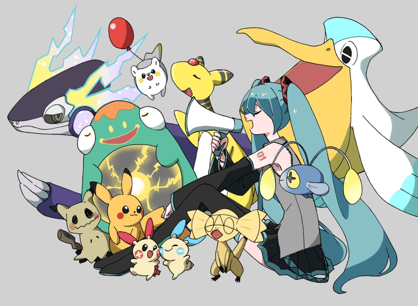 1girl ampharos balloon bellibolt black_footwear black_skirt black_sleeves blue_hair blue_nails boots cheek-to-cheek cheek_press chinchou closed_mouth collared_shirt commentary denki_yohou_(vocaloid) detached_sleeves floating from_side full_body grey_background grey_shirt hair_ornament hand_up hatsune_miku heads_together helioptile highres holding holding_megaphone megaphone mimikyu miniskirt minun miraidon morise_(morise_) number_tattoo open_mouth pelipper pikachu plusle pokemon pokemon_(creature) profile project_voltage raised_eyebrows shirt shoulder_tattoo simple_background sitting skirt sleeveless sleeveless_shirt smile solo tattoo thigh_boots togedemaru twintails vocaloid