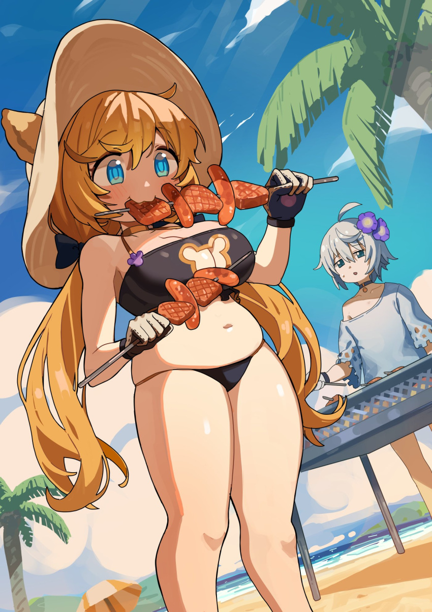 1girl 1other ahoge beach bikini black_bikini black_choker blonde_hair blue_eyes blue_shirt blush breasts brown_headwear character_request choker cleavage closed_mouth collarbone commission day feet_out_of_frame flower food gloves greentanuki grey_hair hair_between_eyes hair_flower hair_ornament hat highres holding holding_food king's_raid large_breasts long_hair meat navel ocean open_mouth palm_tree purple_flower rodina_(king's_raid) sausage shirt short_sleeves single_off_shoulder skeb_commission smile straw_hat swimsuit tree