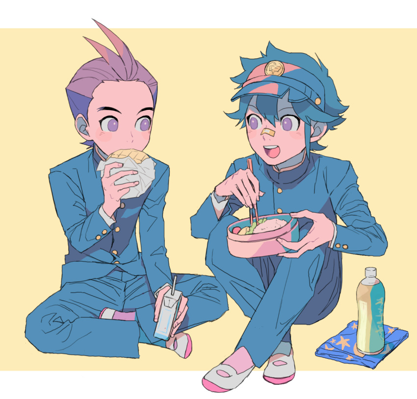 2boys :d ace_attorney aged_down antenna_hair apollo_justice bandaid bandaid_on_face bandaid_on_nose bento black_hair blue_hair blue_jacket blue_pants bottle bread brown_hair buttons chopsticks clay_terran crossed food full_body gakuran highres holding holding_carton holding_chopsticks jacket knees_up layered_sleeves legs letterboxed long_sleeves looking_at_another male_focus melon_bread multiple_boys orange_background ouse_(otussger) pants purple_eyes school_uniform shoes short_hair sitting smile spiked_hair star_(symbol) star_print visor_cap white_footwear