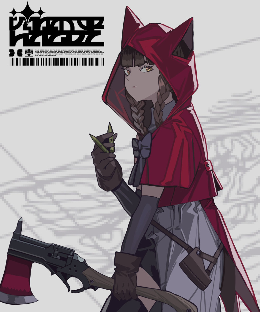 1girl animal_ears axe braid bullet cross crucifix elbow_gloves gloves gun heromedley highres holster hood little_red_riding_hood looking_at_viewer orange_eyes revolver ribbon skirt solo thighhighs twin_braids weapon