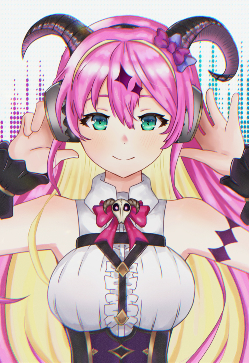 1girl absurdres asymmetrical_horns black_horns black_wrist_cuffs blonde_hair bow bowtie breasts center_frills colored_inner_hair demon_girl demon_horns diamond_hair_ornament frills green_eyes hair_bow headphones highres hololive horns large_breasts mano_aloe meme_attire multicolored_hair nyu-tan94 pink_bow pink_bowtie pink_hair purple_bow shirt skull_ornament sleeveless sleeveless_shirt solo upper_body virgin_killer_outfit virtual_youtuber white_shirt