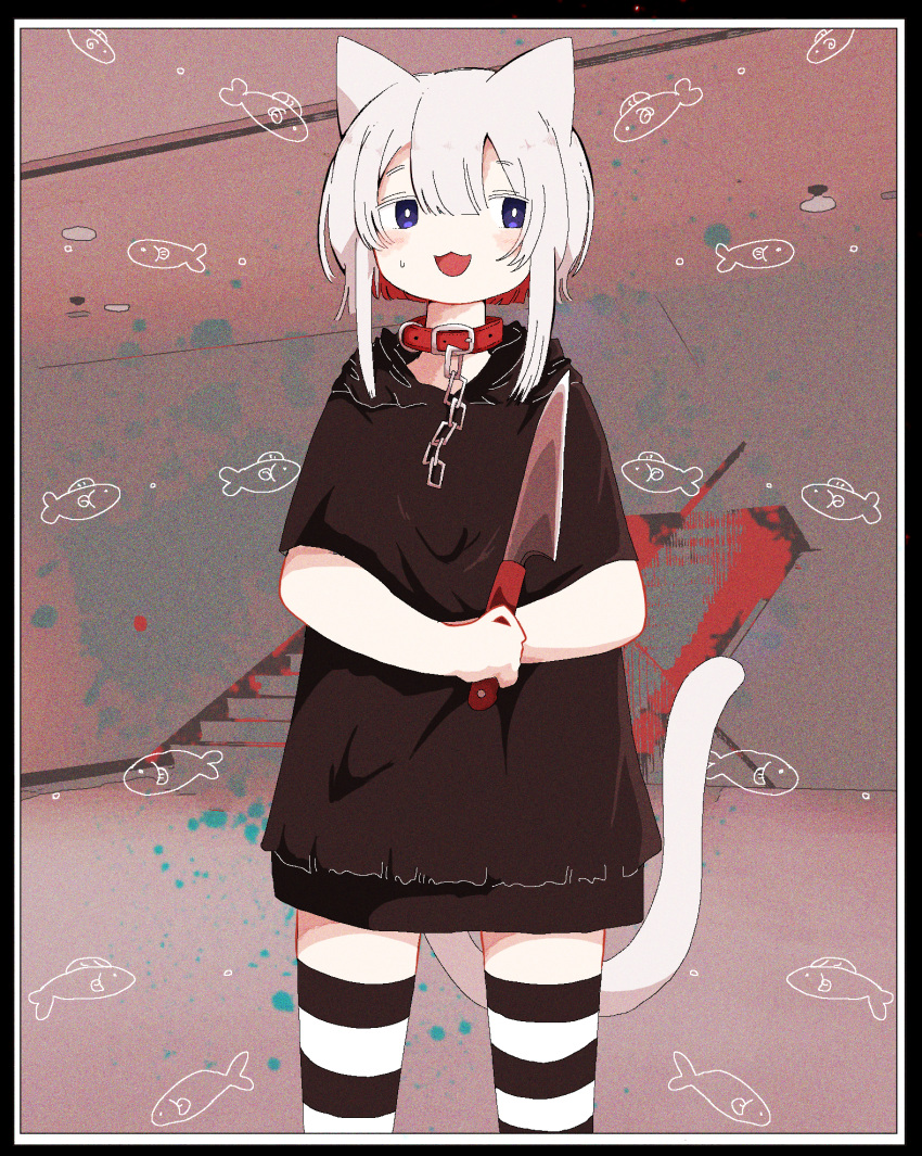 1girl :3 animal_ears ashi_izumo averting_eyes black_hoodie black_thighhighs cat_ears cat_girl cat_tail chain collar cowboy_shot facing_viewer film_grain hands_up highres holding holding_knife hood hood_down hoodie indoors izumo_(ashi_izumo) kitchen_knife knife nervous_smile open_mouth original purple_eyes red_collar short_sleeves smile solo stairs stairwell standing straight-on striped striped_thighhighs sweatdrop tail thighhighs two-tone_thighhighs white_hair white_tail white_thighhighs