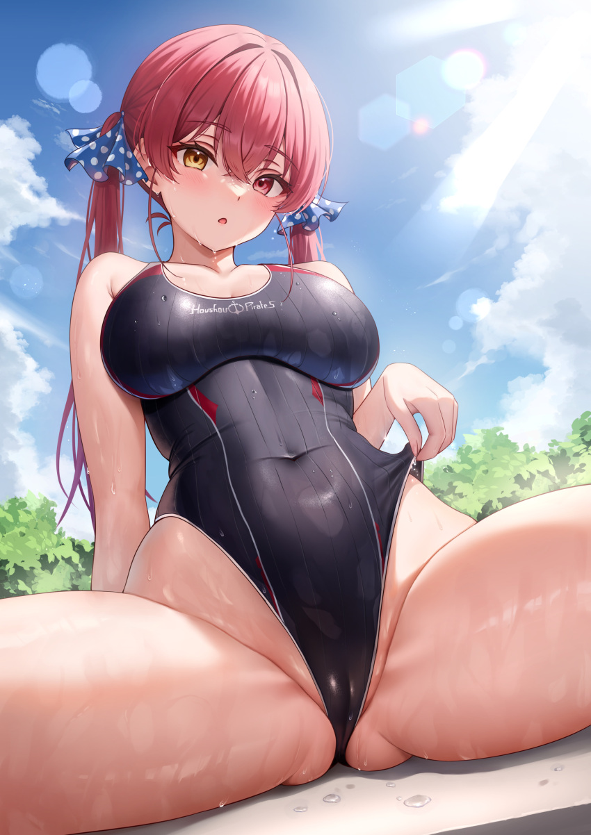 1girl :o absurdres arm_support bare_shoulders black_one-piece_swimsuit blue_ribbon blue_sky breasts bush cameltoe cloud competition_swimsuit covered_navel crossed_bangs day hair_between_eyes hair_ribbon heterochromia highleg highleg_swimsuit highres holika_baby hololive houshou_marine large_breasts lens_flare light_blush light_rays looking_at_viewer one-piece_swimsuit outdoors parted_lips partially_visible_vulva polka_dot polka_dot_ribbon red_eyes red_hair ribbon sitting sky solo spread_legs sunbeam sunlight swimsuit thighs twintails virtual_youtuber water_drop wet wet_clothes wet_swimsuit wide_spread_legs yellow_eyes