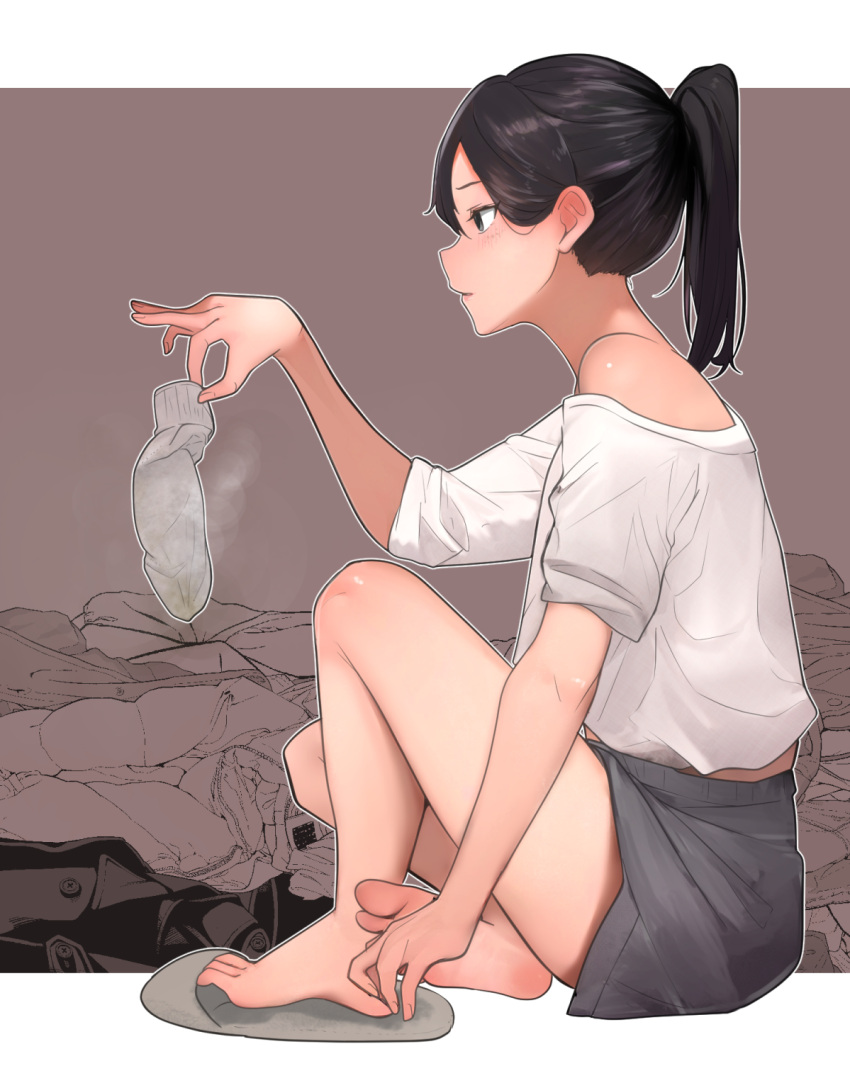 1girl bare_legs bare_shoulders barefoot black_hair border commentary_request dirty_legwear feet from_side full_body grey_eyes grey_skirt grey_socks hair_between_eyes hand_up highres holding_sock legs lumina414 miniskirt off_shoulder on_ground original paid_reward_available parted_bangs parted_lips ponytail shadow shirt short_sleeves sitting skirt slippers smell socks soles solo thighs toes unworn_socks white_border white_shirt