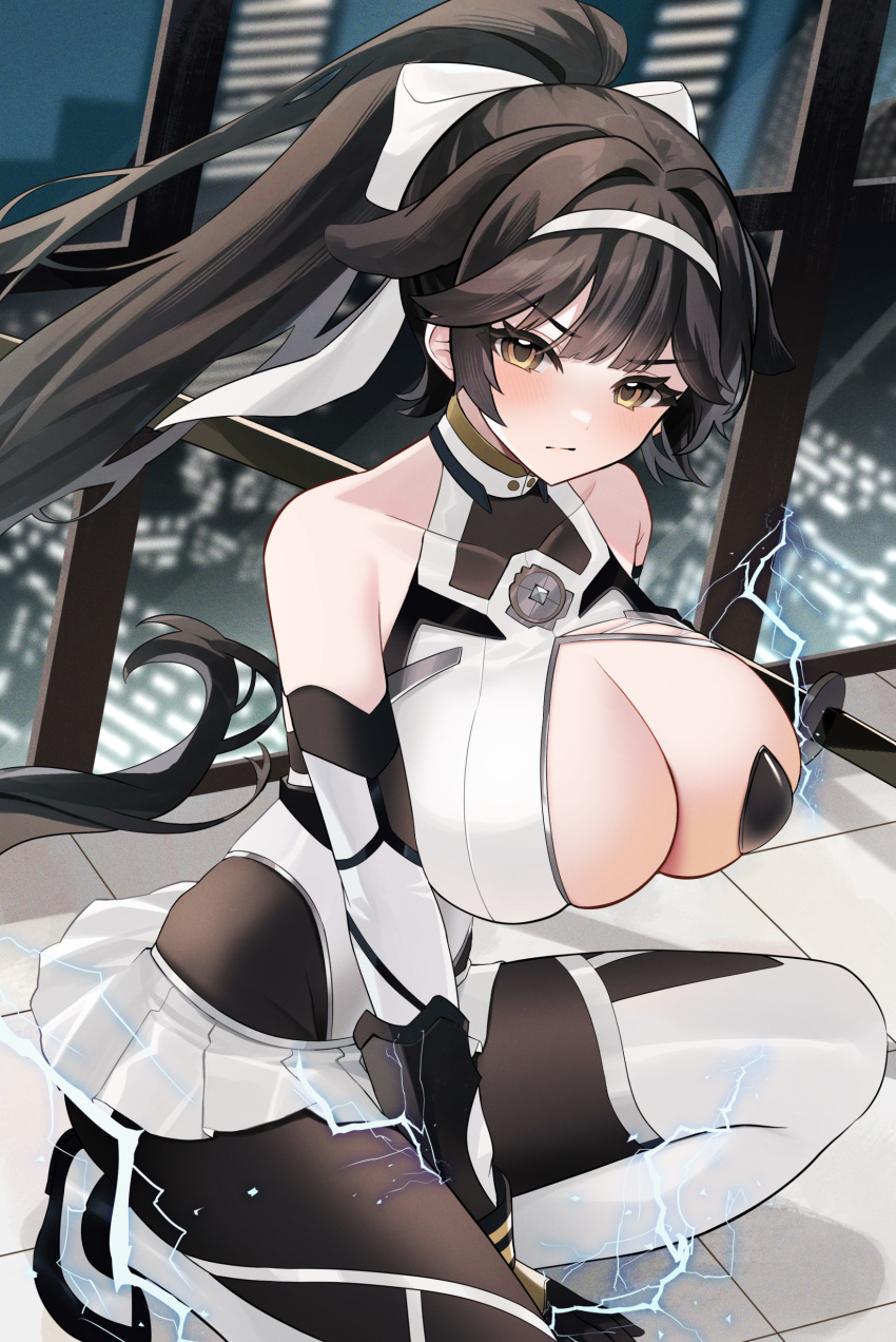 1girl absurdres azur_lane bare_shoulders bow breasts cleavage cleavage_cutout clothing_cutout crack cracked_glass detached_sleeves hair_bow highres holding holding_sheath katana large_breasts long_hair miniskirt official_alternate_costume pleated_skirt ponytail ribbon sheath skirt sword takao_(azur_lane) takao_(divine_exorcist's_blade)_(azur_lane) very_long_hair weapon white_ribbon yamaha_tsui yellow_eyes