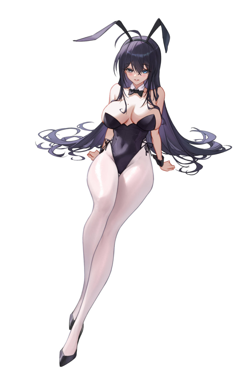 1girl animal_ears black_bow black_bowtie black_footwear black_hair black_leotard black_thighhighs blue_eyes bow bowtie breasts detached_collar full_body heterochromia high_heels highres invisible_chair jikongmingxi_suliuguang large_breasts leotard long_hair panty_&amp;_stocking_with_garterbelt pantyhose parted_lips playboy_bunny purple_eyes rabbit_ears side-tie_leotard sitting solo stocking_(psg) thighhighs white_pantyhose wrist_cuffs