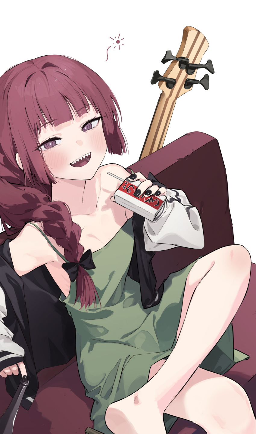 1girl absurdres alcohol_carton bare_shoulders bass_guitar black_bow black_nails blunt_bangs blush bocchi_the_rock! bow braid collarbone couch dress elbow_rest figure_four_sitting foot_out_of_frame geta green_dress hair_bow hair_over_shoulder highres hiroi_kikuri holding instrument jacket legs long_hair long_sleeves looking_at_viewer nail_polish on_couch open_clothes open_jacket open_mouth purple_eyes red_hair ringed_eyes sharp_teeth short_dress simple_background single_braid sitting sleeveless sleeveless_dress sleeves_past_wrists smile solo soya_(torga) spaghetti_strap strap_slip teeth white_background