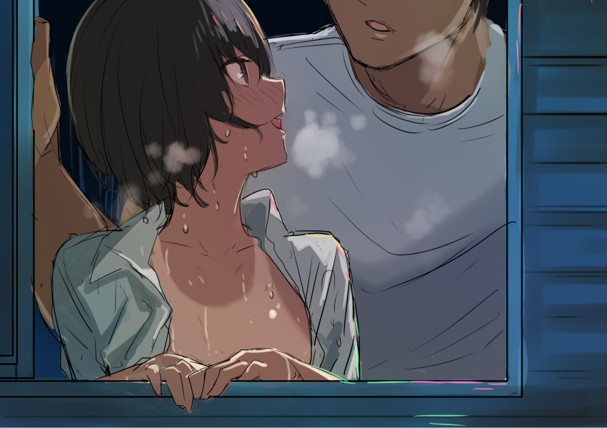 1boy 1girl after_sex afterglow against_window akagi_asahito amagami black_hair blush breasts breath collarbone commentary couple dress_shirt faceless faceless_male from_outside hair_net hand_on_window hand_rest head_out_of_frame hetero highres hot indoors looking_at_another looking_to_the_side naked_shirt nanasaki_ai night no_bra nose_blush one-piece_tan open_clothes open_mouth open_shirt open_window own_hands_together shirt short_hair short_sleeves sketch small_breasts smile solo_focus steam steaming_body stray_hair sweat t-shirt tachibana_jun'ichi talking tan tanlines wet wet_hair white_shirt window windowsill