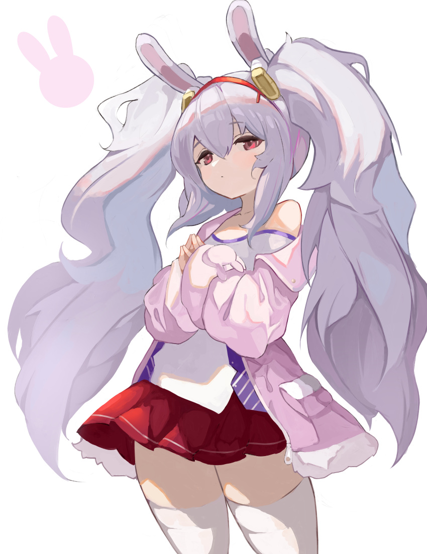 1girl absurdres animal_ears azur_lane closed_mouth collarbone dot_mouth fake_animal_ears hair_between_eyes hairband highres jacket kesseil laffey_(azur_lane) light_purple_hair long_hair looking_at_viewer off-shoulder_jacket off_shoulder open_clothes open_jacket own_hands_together pink_jacket pleated_skirt rabbit_ears red_eyes red_hairband red_skirt shirt sidelocks skirt solo standing steepled_fingers thighhighs twintails upper_body very_long_hair white_shirt white_thighhighs
