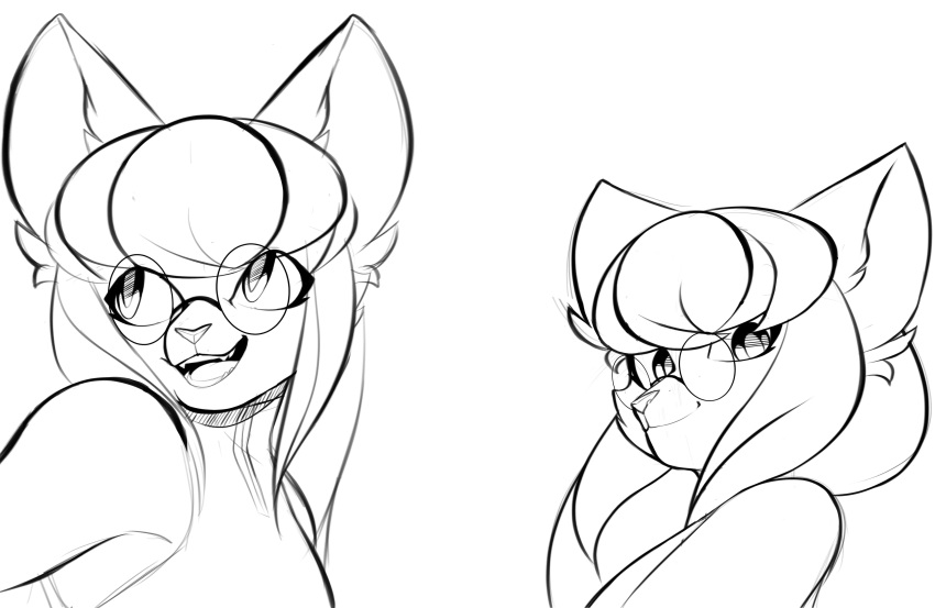 absurd_res anthro domestic_cat eyewear felid feline felis fluffy_ears girly glasses hair hi_res ileomaru long_hair looking_at_viewer looking_back male mammal maru_(ileomaru) sketch sleeveless_shirt smile solo