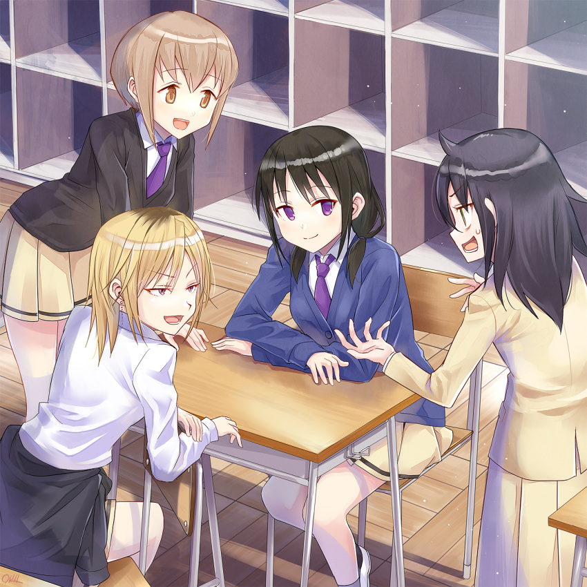 4girls :d bags_under_eyes black_hair black_sweater blonde_hair brown_eyes brown_hair cardigan chair clothes_around_waist desk highres jacket kuroki_tomoko long_hair looking_at_another low_twintails lower_teeth_only multiple_girls okiru pleated_skirt purple_cardigan purple_eyes school_chair school_desk school_uniform short_hair sitting skirt smile standing sweater sweater_around_waist tamura_yuri tanaka_mako teeth twintails upper_teeth_only watashi_ga_motenai_no_wa_dou_kangaetemo_omaera_ga_warui! yellow_jacket yellow_skirt yoshida_masaki