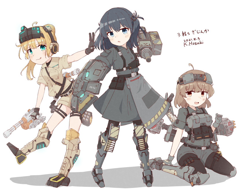 3girls absurdres armored_boots battle_of_titans belt black_hair blonde_hair blue_eyes boots bully_(battle_of_titans) cannon gatling_gun gloves headgear headset highres holding holding_shield holding_weapon hozukikasumi knee_pads leg_belt light_brown_hair little_shon_(battle_of_titans) mecha_musume mechanical_legs mechanical_parts military minigun missile_pod mite_(battle_of_titans) multiple_girls orange_eyes personification petite plate_carrier ponytail shield shirt short_hair shorts side_ponytail skirt t-shirt utility_belt weapon white_background